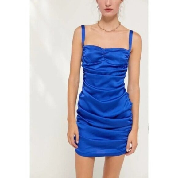 Urban Outfitters LIONES Mini Dress Mysterious Girl Ruched side Satin Blue Size M - Picture 4 of 16